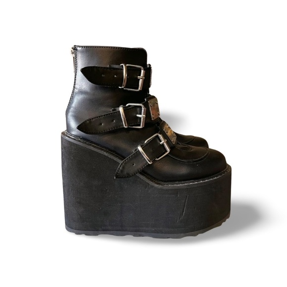 Demonia Black Platform Ankle Boots with Buckles - Picture 2 of 8
